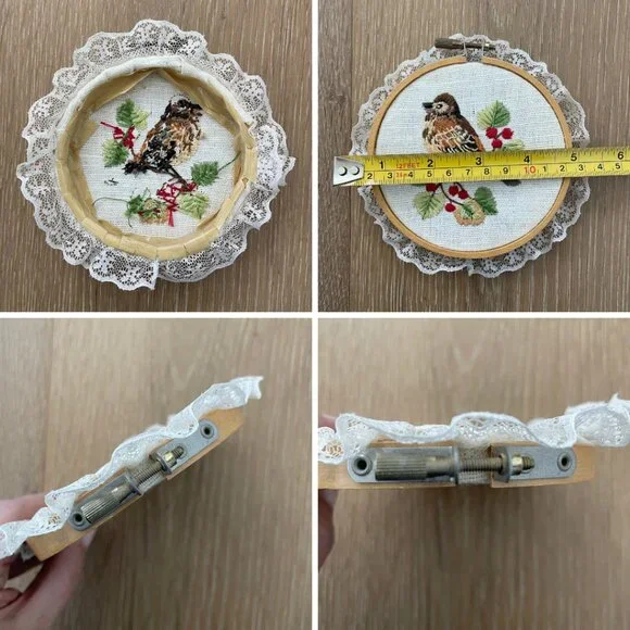 Handmade Birds Embroidery Hoop Art Wall Hanging Lace Needlepoint Sparrow Finch - Picture 7 of 13